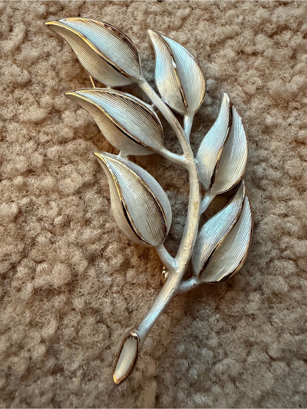 Vintage Act II White Silver Tone Over Gold Leaf Branch Brooch Signed Botanical